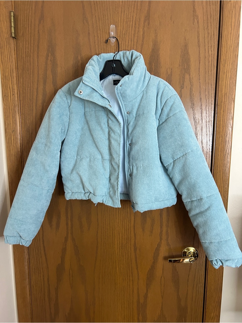 Say What Light Blue Corduroy Cropped Puffer Jacket | Snap Front | Size Medium
